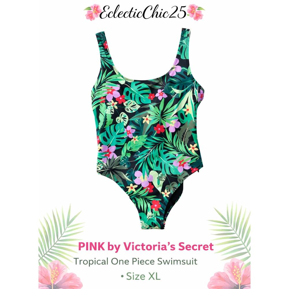 PINK Victoria Secret Tropical One Piece Swimsuit XL Floral Palm Print Scoop Neck